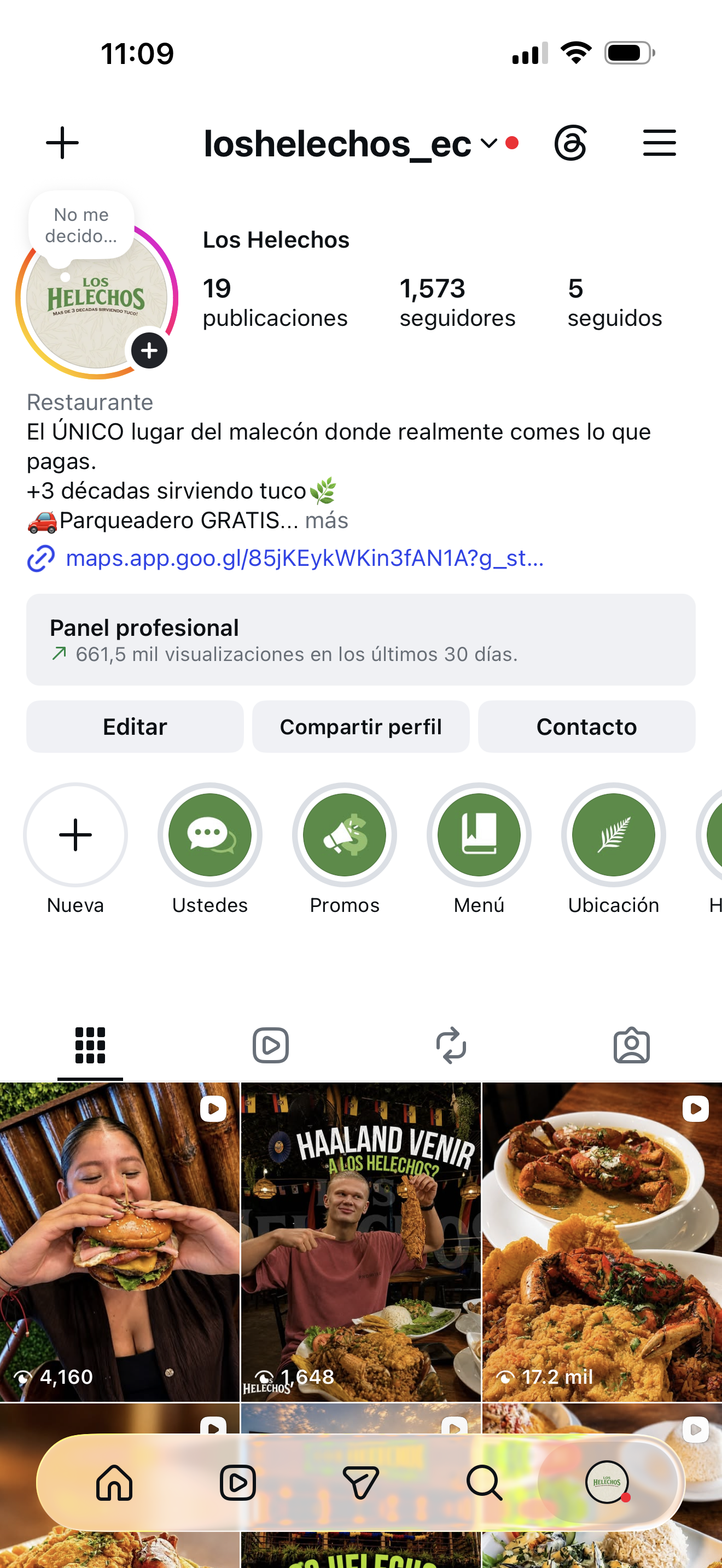 Cuenta de Los Helechos después del trabajo: 1.573 seguidores y 661,5 mil visualizaciones